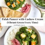 Several plates of palak paneer with vibrant green sauce and cubes of paneer, served with rice, flatbread, and pickled onions on a white surface.
