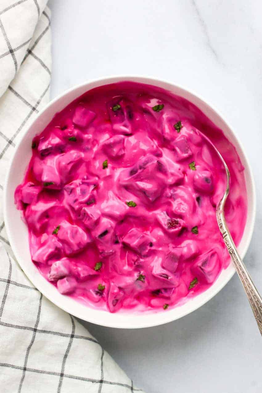 beet raita in a bowl