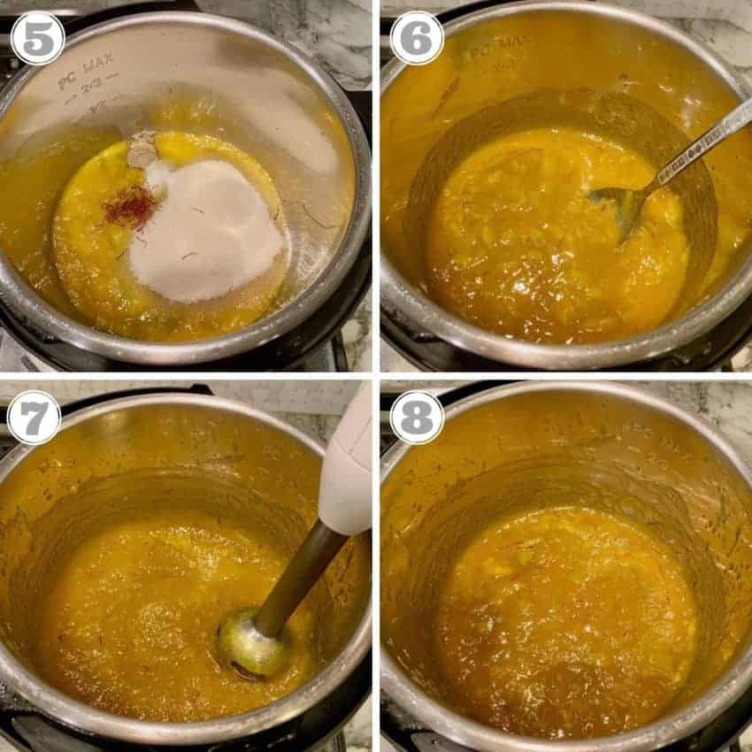 steps showing how to cook the mango pulp for panna 
