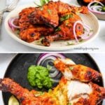 Two plates of tandoori chicken garnished with red onion, cilantro, and lemon slices; one plate includes a side of green chutney.