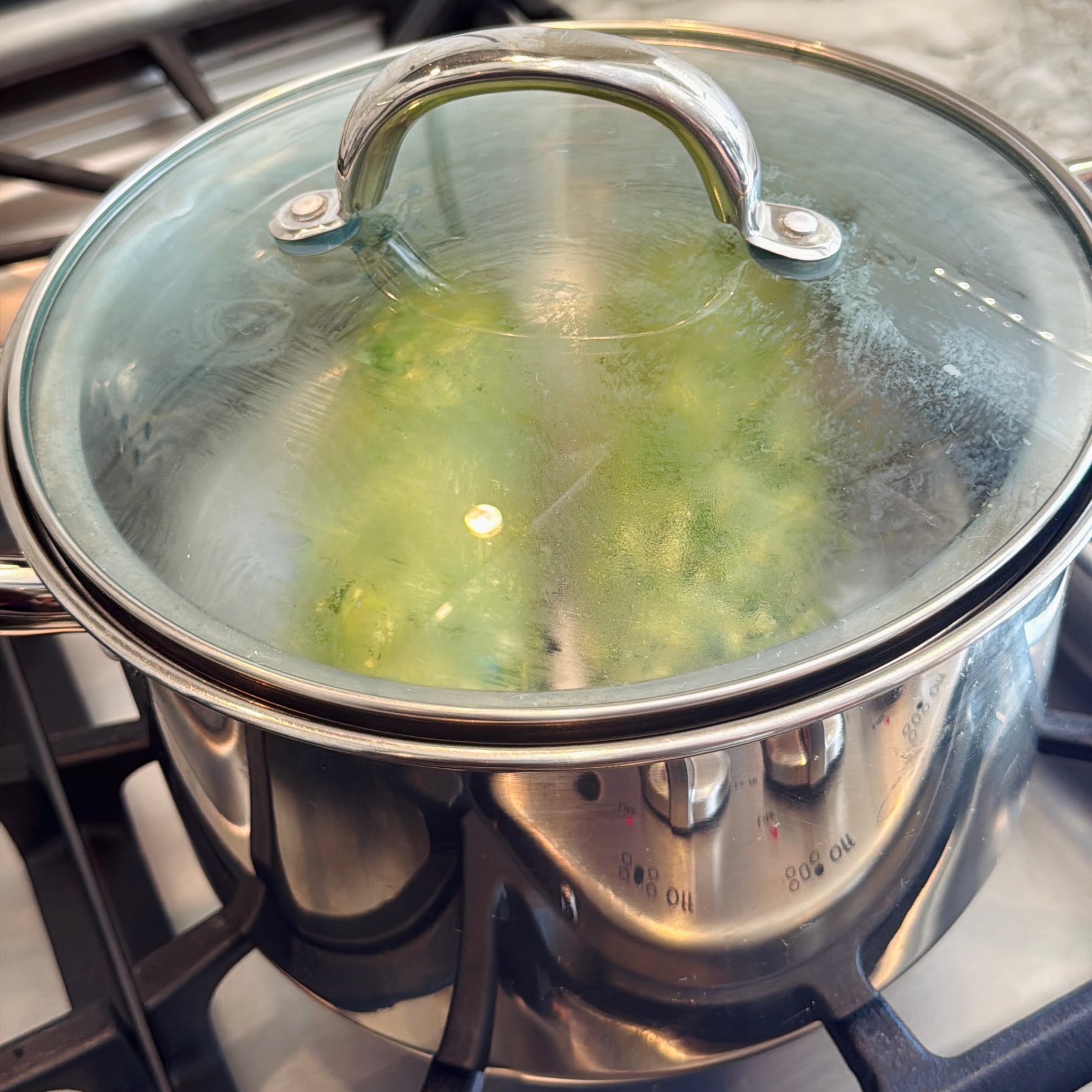 A stainless steel pot with a glass lid sits on a stove, partially filled with steaming vegetables as visible through the condensation on the lid.