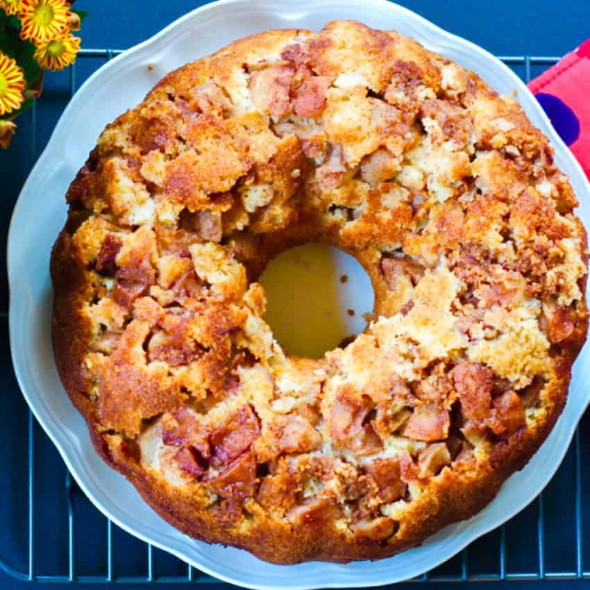 apple cake in a white platter 