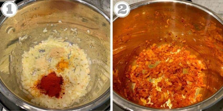 steps showing sautéing onions & spices 