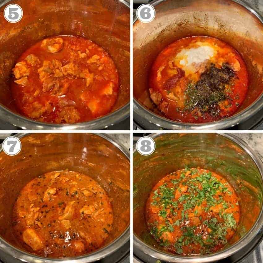 Steps showing final steps for Instant Pot butter chicken