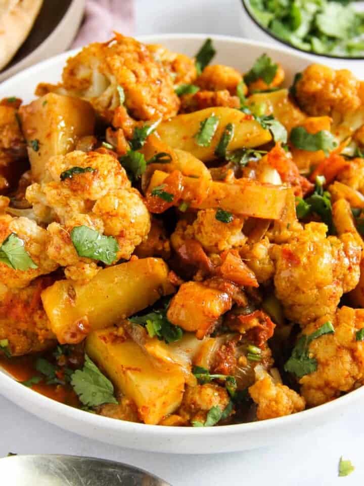 Aloo Gobi served in a white bowl