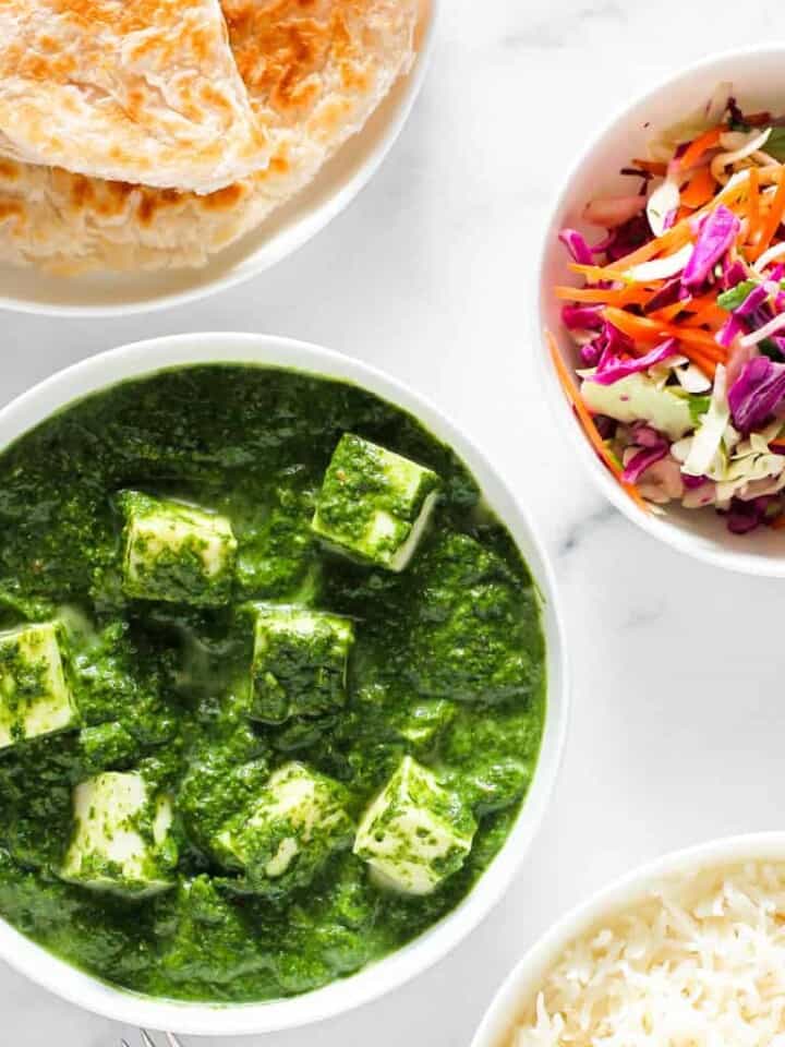 Palak Paneer served with paratha, rice & salad