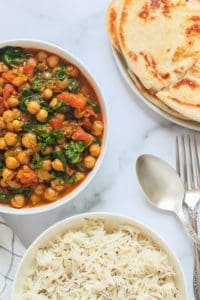 Chana Saag served with naan and rice