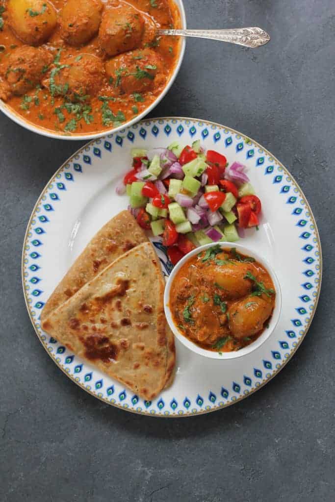 Dum Aloo served with homemade parathas 