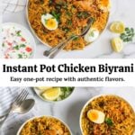 pinterest pin with photo collage for instant pot chicken biryani