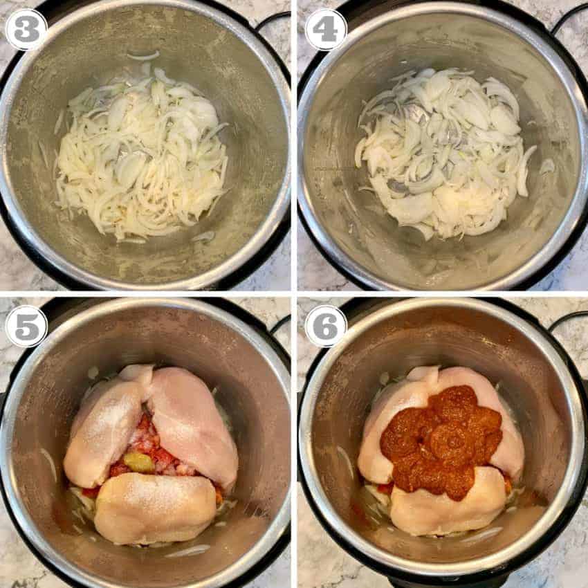 onions being sauteed, chicken and sauce added to the Instant Pot