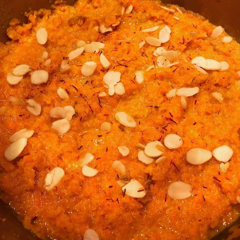 Gajar Halwa garnished with saffron and nuts