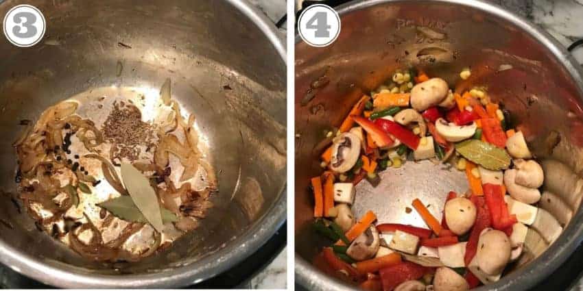 steps showing sauteing spices and veggies in Instant Pot