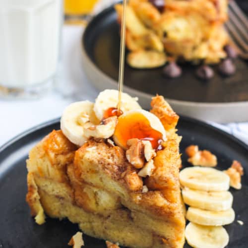 french toast bread pudding with bananas and maple syrup