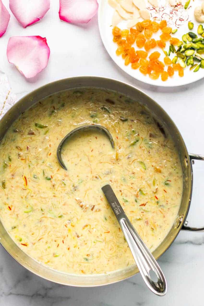 Sheer khurma in a stainless steel pot