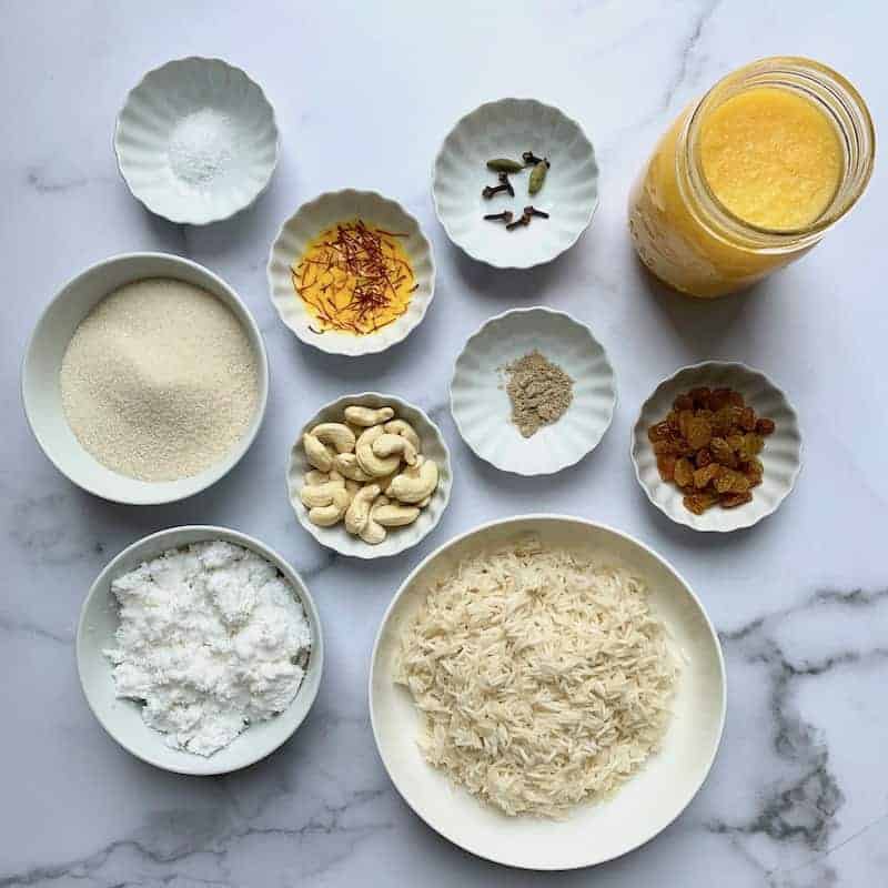 Ingredients for sweet coconut rice placed in individual bowls