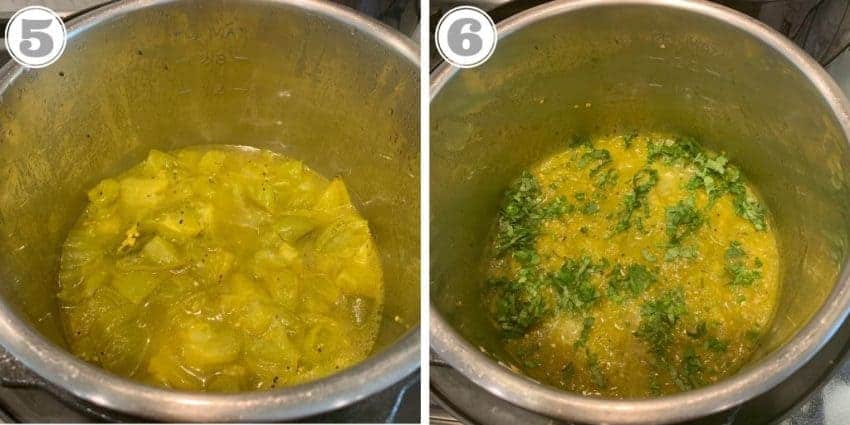 steps five through six showing cooked green tomato chuteny in Instant Pot