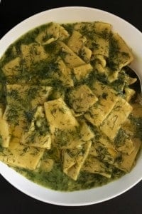 Dill Dhokli served in a white bowl