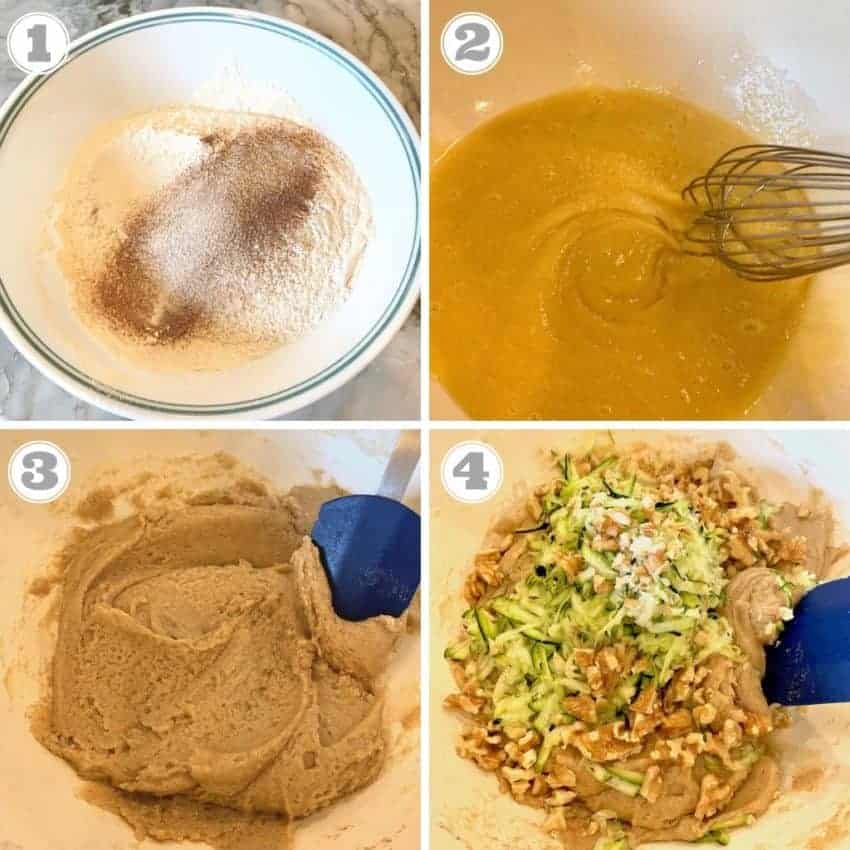 steps one through four showing mixing ingredients to make bread