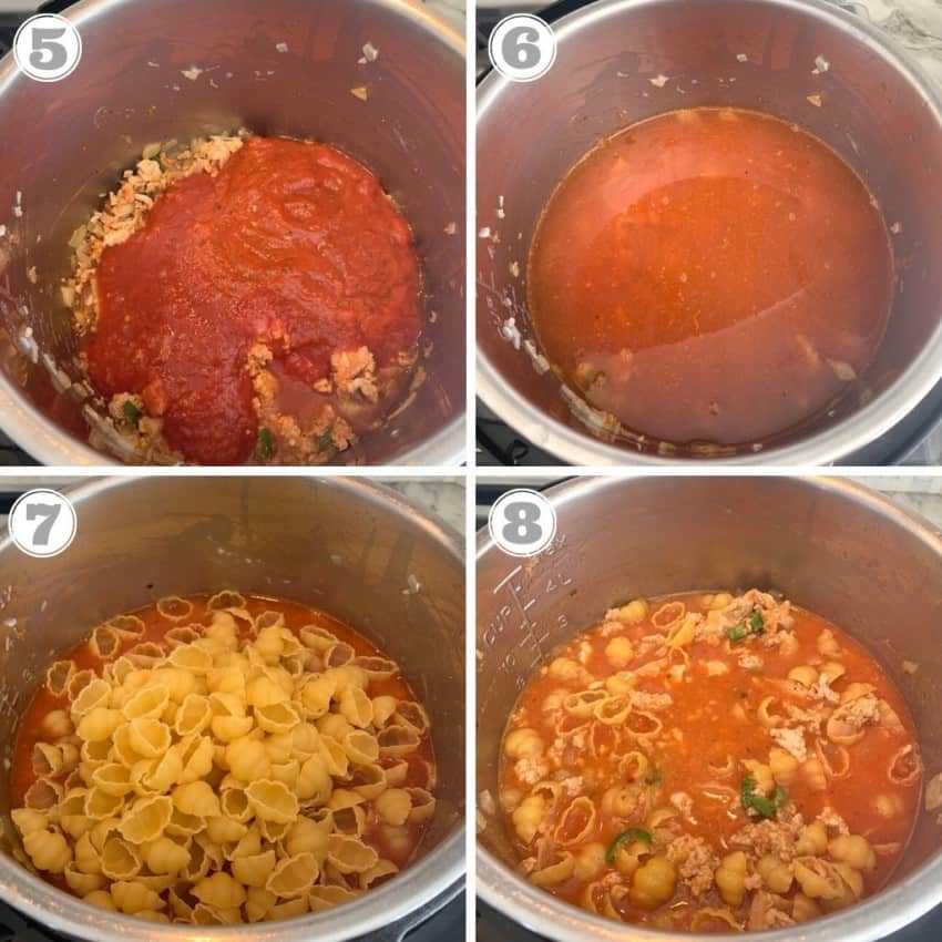 steps five through eight showing how to cook instant pot pasta 