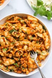 Taco Pasta served in a white bowl