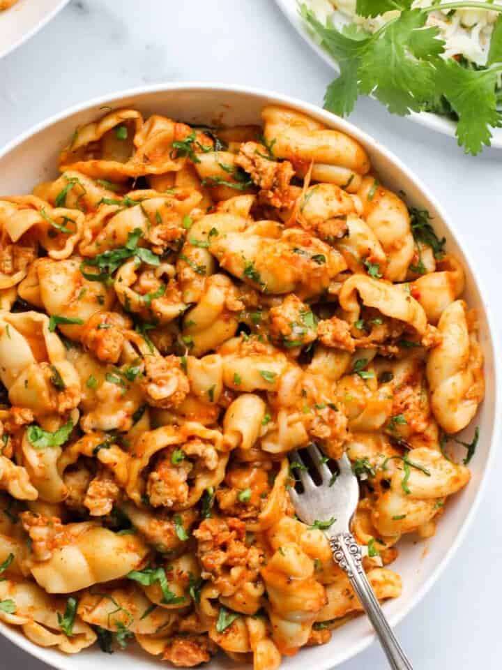 Taco Pasta served in a white bowl