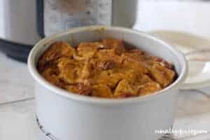 pumpkin bread pudding in a cake pan