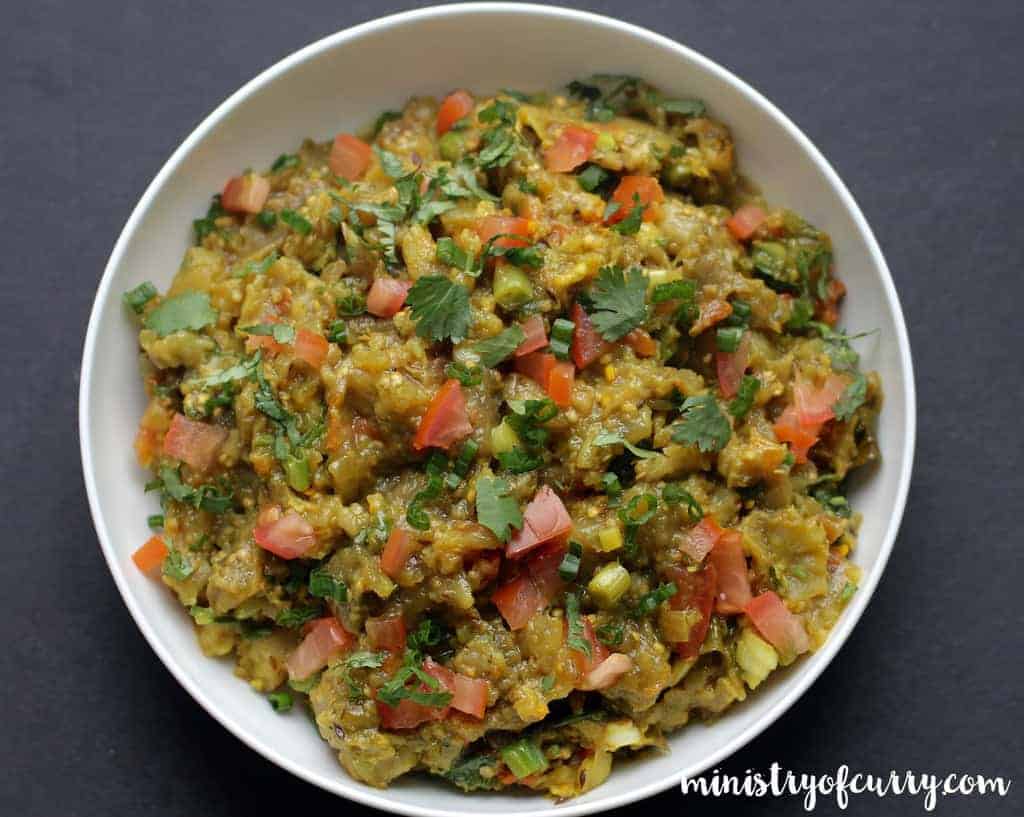 baingan bharta in white bowl