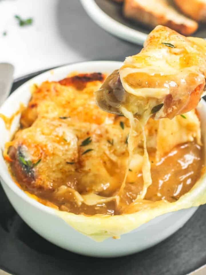 French onion soup in a white bowl