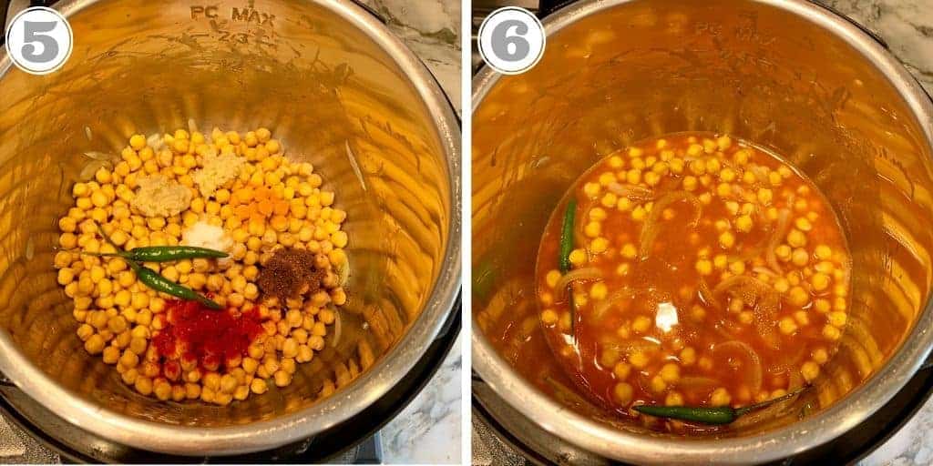 steps showing chickpeas and spices added Instant Pot