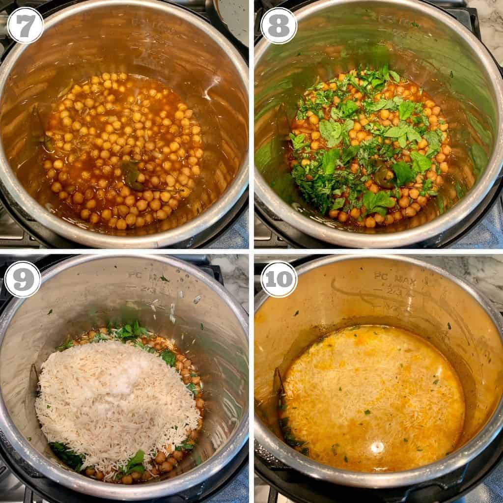 photos seven through ten showing how to make biryani in the Instant Pot 