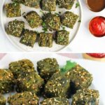 Plate of cubed Kothimbir Vadi garnished with sesame seeds and cilantro, served with red dipping sauce on the side.
