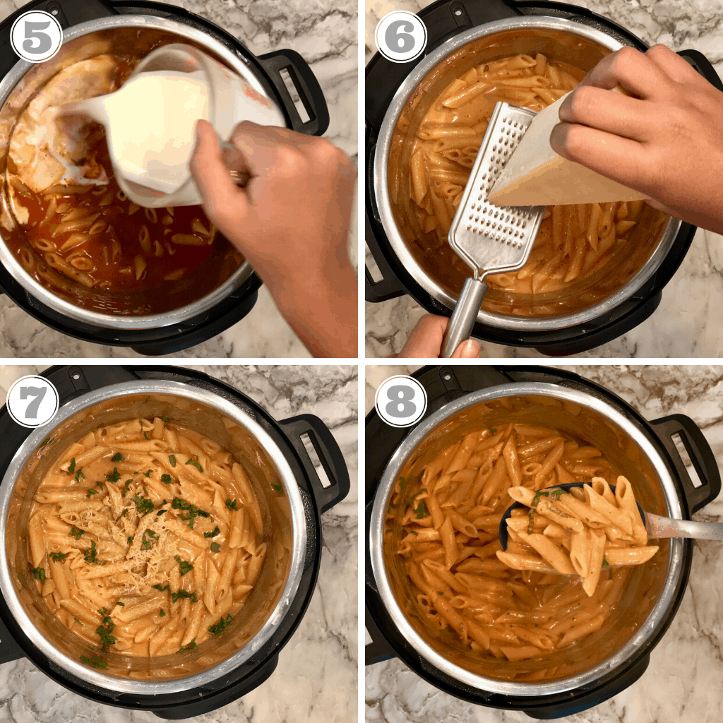 Steps showing adding parmesan cheese and parsley to cooked pasta