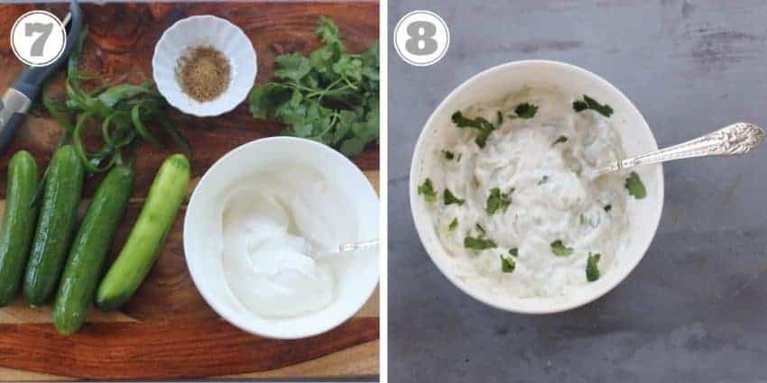 steps 7 to 8 showing how to make cucumber raita