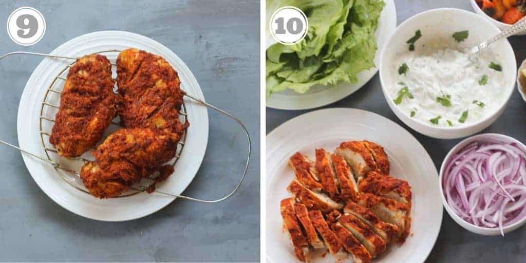 photos showing cooked tandoori chicken and cucumber raita