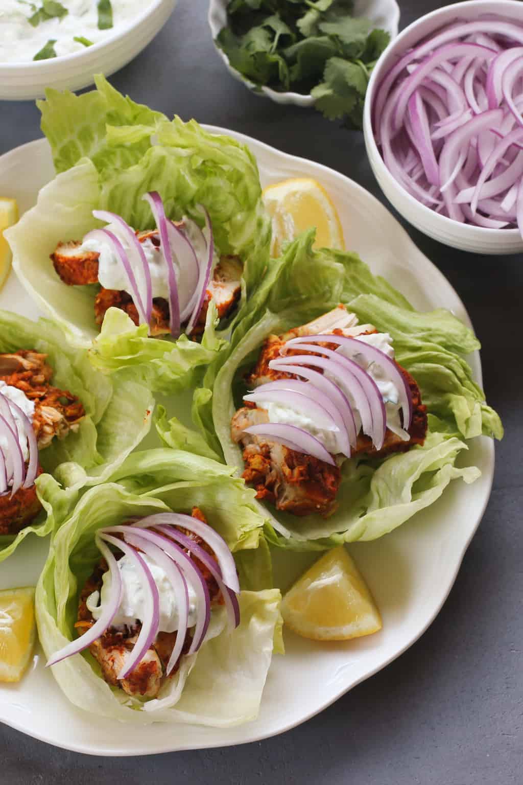 Tandoori Chicken Lettuce Wraps on white platter