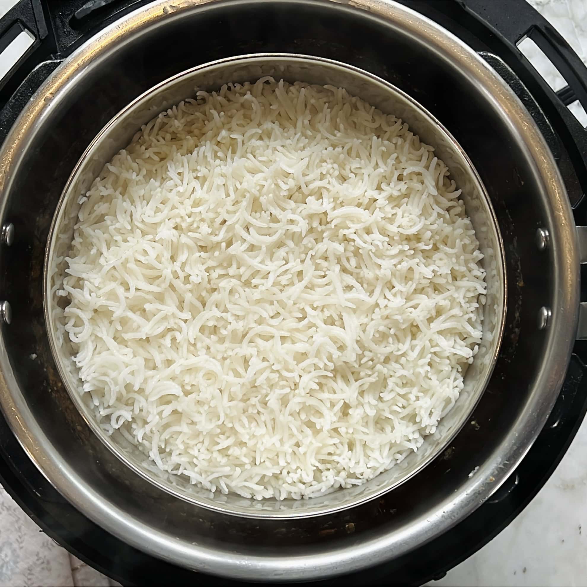 Cooked pot in pot basmati rice in the Instant pot.