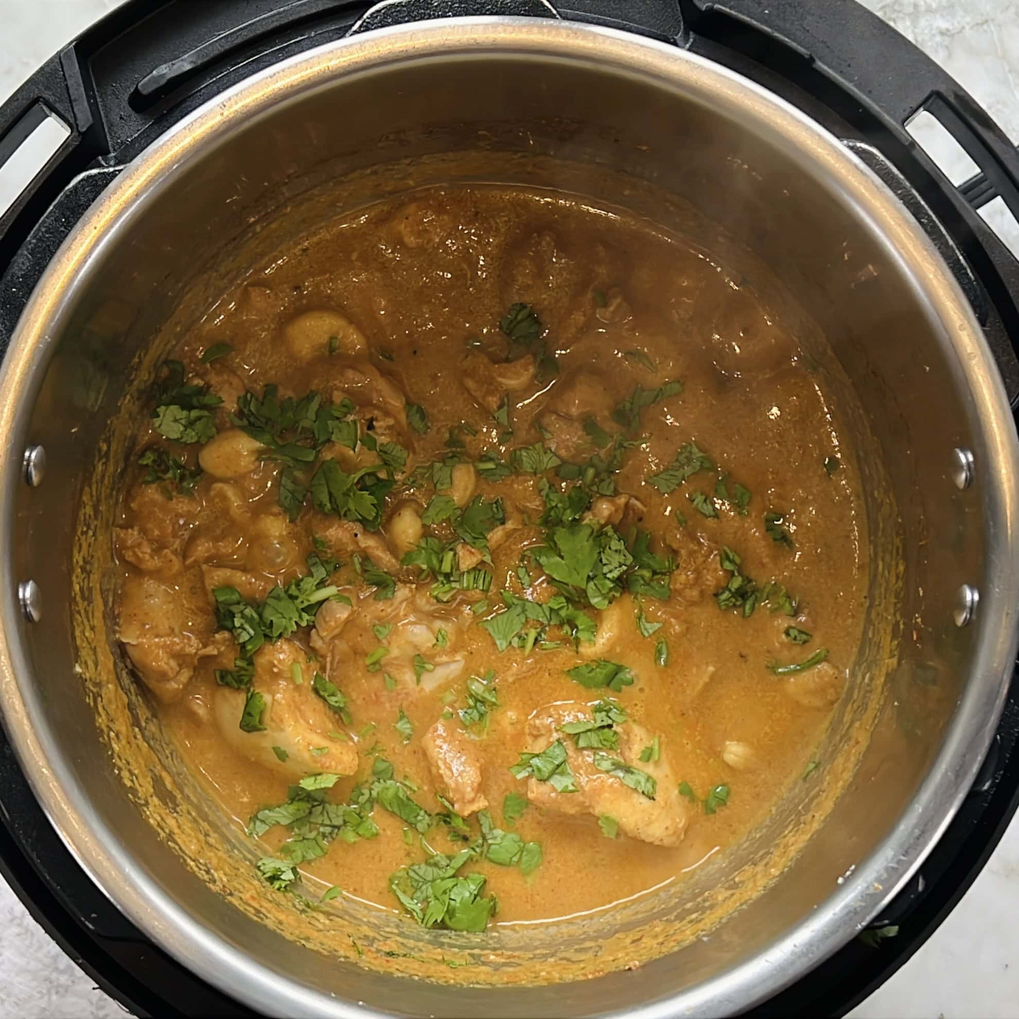 shahi chicken korma in the Instant Pot garnished with cilantro.