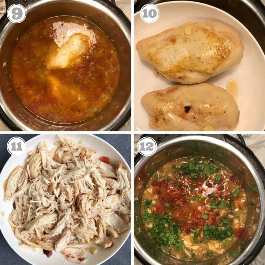steps nine through twelve showing cooking chicken tortilla soup isn the Instant Pot