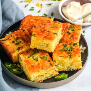 Jalapeno cheese cornbread in a platter