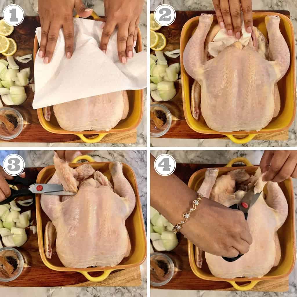 steps showing how to clean whole chicken and trim fat off