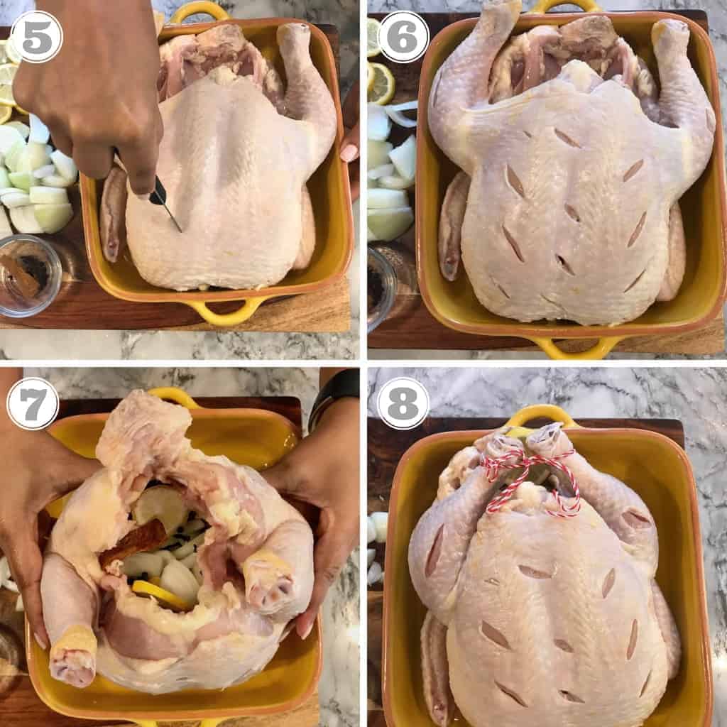 steps showing how to make slits in chicken and stuff it