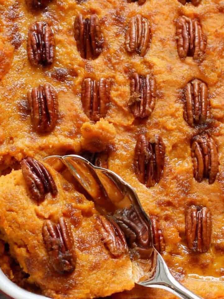 sweet potato casserole garnished with pecans