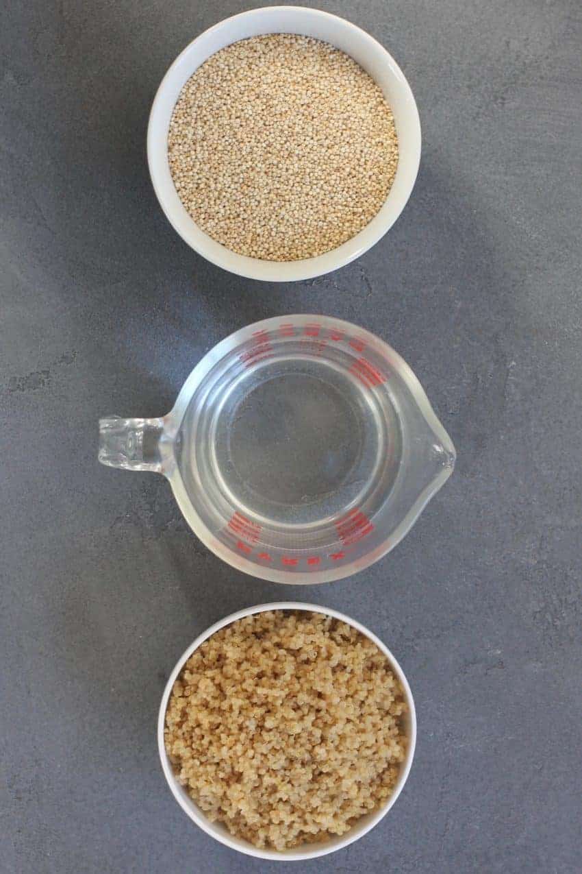 Uncooked Quinoa in a white bow, 1 cup of water in a measuring cup and cooked quinoa bowl lined up vertically 