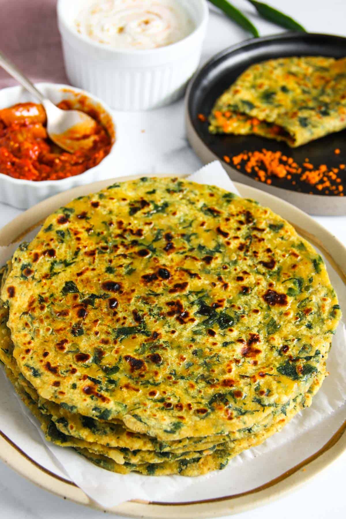 Kale Potato Parathas served with pickles 