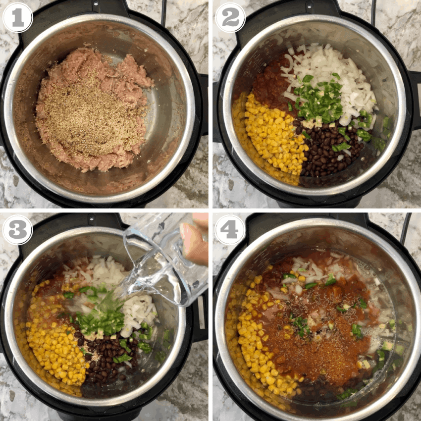 steps one through four showing adding ingredients for chicken enchilada quinoa in the Instant Pot
