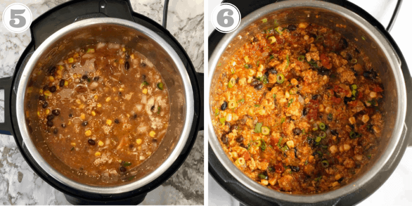 steps five through six showing chicken enchilada quinoa cooked in the Instant Pot