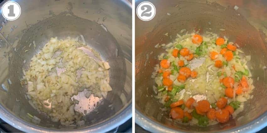 Steps 1 and 2 showing vegetables being sautéed in the Instant Pot