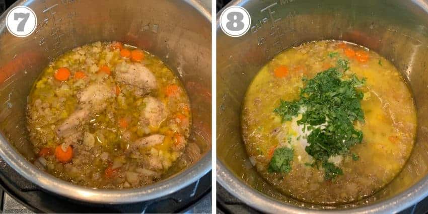 Steps 7 and 8 showing stirring in coconut milk and cilantro to cooked soup