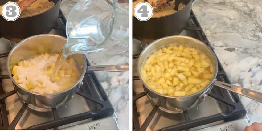 photos showing water being poured over pineapple and sugar on the stove top