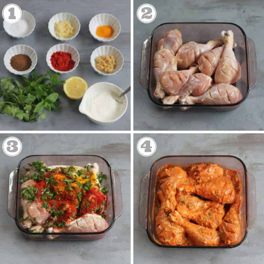 Steps one through four showing how to marinate chicken 
